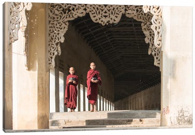 Two Young Novice Monks Holding Rice Bowls, Bagan, Myanmar Canvas Art Print - Burma (Myanmar)