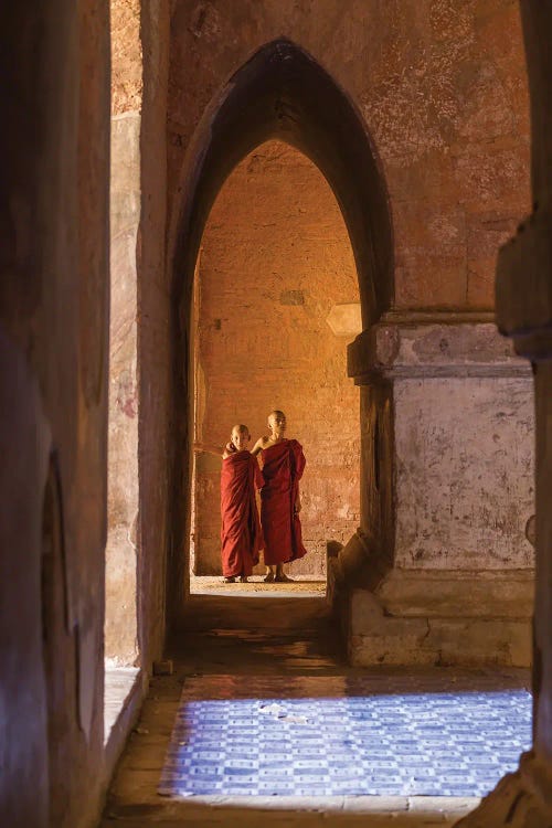 Two Young Novice Monks In An Old Temple, Bagan, Myanmar