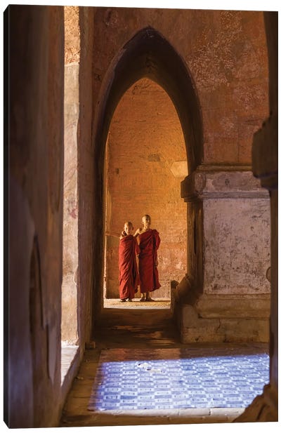 Two Young Novice Monks In An Old Temple, Bagan, Myanmar Canvas Art Print - Burma (Myanmar)