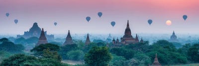 Old Temples With Hot Air Balloons At Sunrise, Bagan, Myanmar by Jan Becke framed canvas print