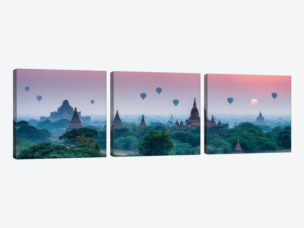 Old Temples With Hot Air Balloons At Sunrise, Bagan, Myanmar by Jan Becke 3-piece Canvas Art Print