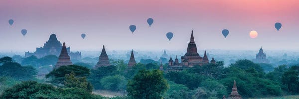 Burma (Myanmar): Old Temples With Hot Air Balloons At Sunrise, Bagan, Myanmar by Jan Becke