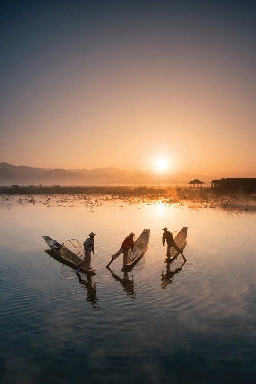 Group Of Intha Fishermen At Sunrise, Inle Lake, Myanmar