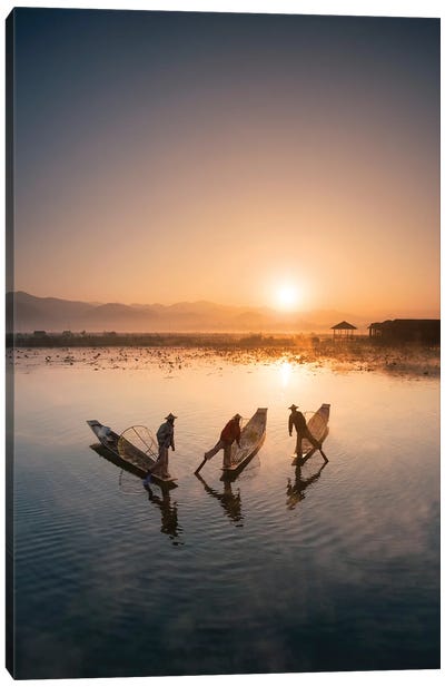 Group Of Intha Fishermen At Sunrise, Inle Lake, Myanmar Canvas Art Print - Burma (Myanmar)