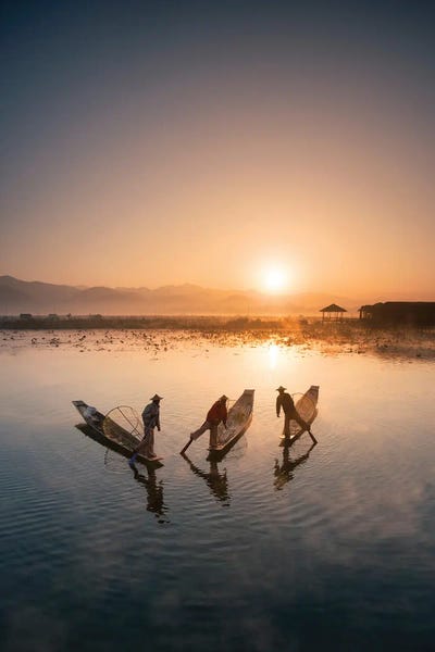 Burma (Myanmar): Group Of Intha Fishermen At Sunrise, Inle Lake, Myanmar by Jan Becke