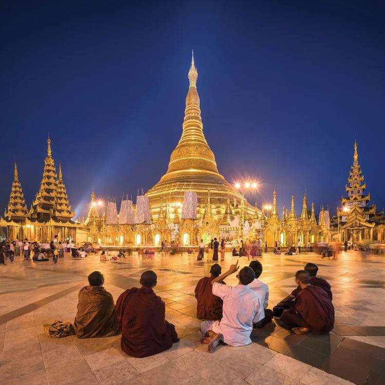 Group Of Buddhist Monks In Front Of The Golden Shwedagon Pagoda In Yangon, Myanmar