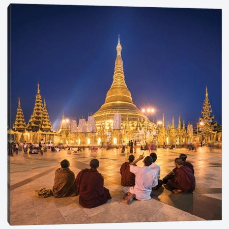 Group Of Buddhist Monks In Front Of The Golden Shwedagon Pagoda In Yangon, Myanmar Canvas Print #JNB1153} by Jan Becke Canvas Artwork