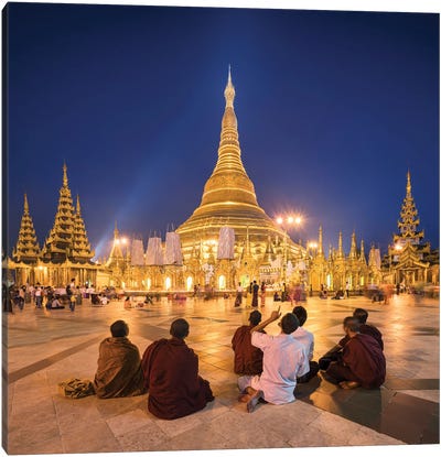 Group Of Buddhist Monks In Front Of The Golden Shwedagon Pagoda In Yangon, Myanmar Canvas Art Print - Burma (Myanmar)