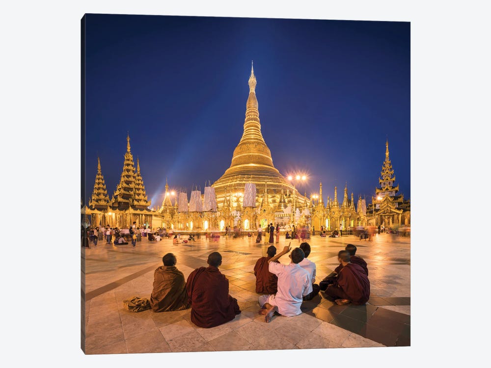 Group Of Buddhist Monks In Front Of The Golden Shwedagon Pagoda In Yangon, Myanmar by Jan Becke 1-piece Canvas Print