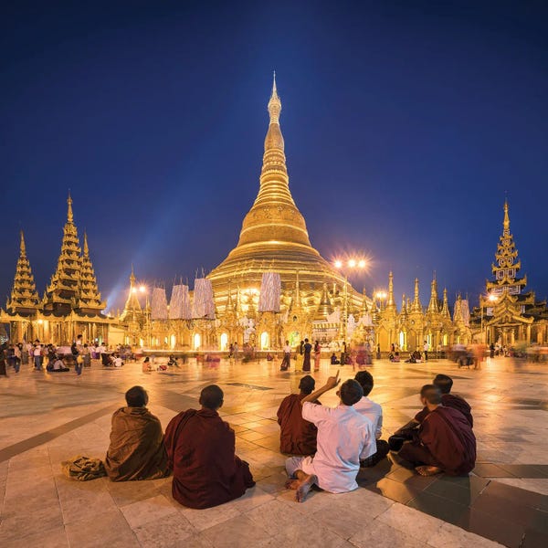 Buddhism: Group Of Buddhist Monks In Front Of The Golden Shwedagon Pagoda In Yangon, Myanmar by Jan Becke