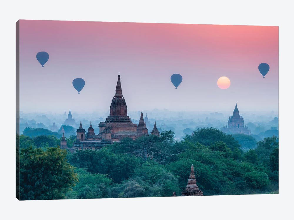 Hot Air Balloons Over The Temples Of Bagan At Sunrise, Myanmar by Jan Becke 1-piece Canvas Art Print