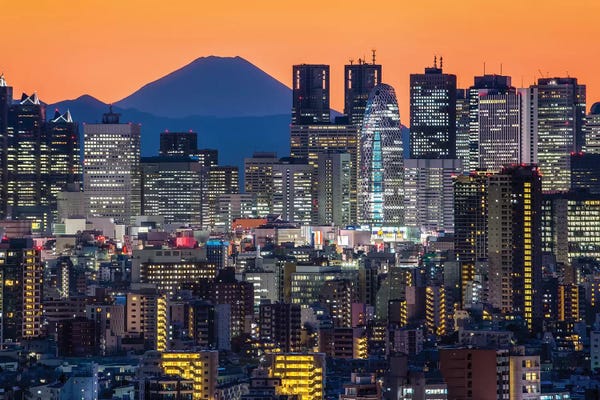 Japan: Tokyo Skyline With Mount Fuji At Night by Jan Becke