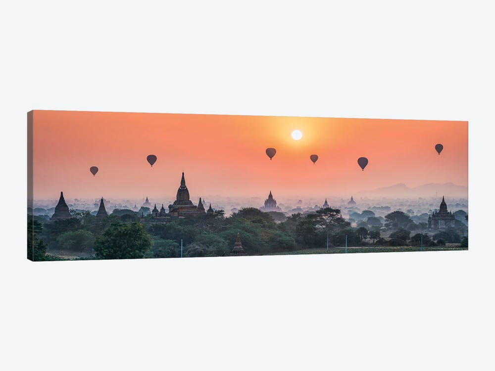Hot Air Balloons Flying Over Temples At Sunrise, Bagan, Myanmar by Jan Becke 1-piece Canvas Art