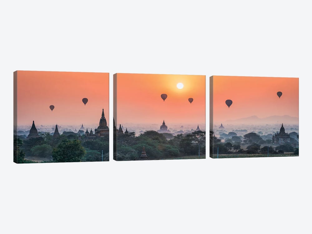 Hot Air Balloons Flying Over Temples At Sunrise, Bagan, Myanmar by Jan Becke 3-piece Canvas Artwork