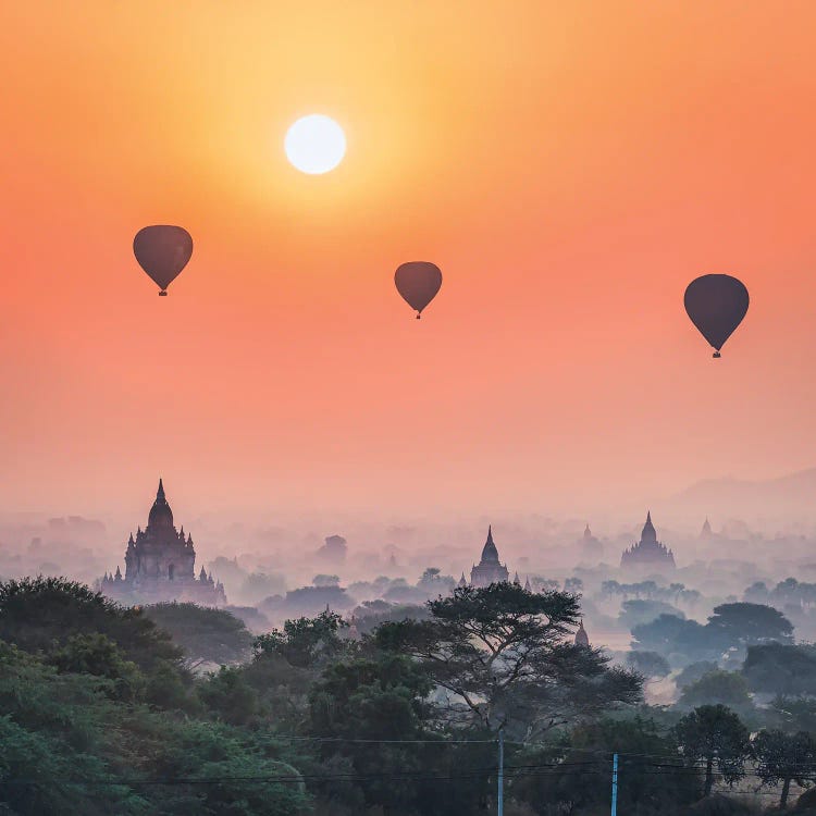 Hot Air Balloons And Old Temples In Bagan, Myanmar