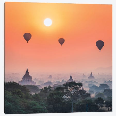 Hot Air Balloons And Old Temples In Bagan, Myanmar Canvas Print #JNB1165} by Jan Becke Canvas Art
