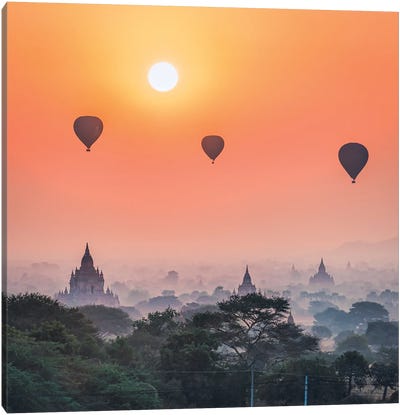 Hot Air Balloons And Old Temples In Bagan, Myanmar Canvas Art Print - Old Bagan