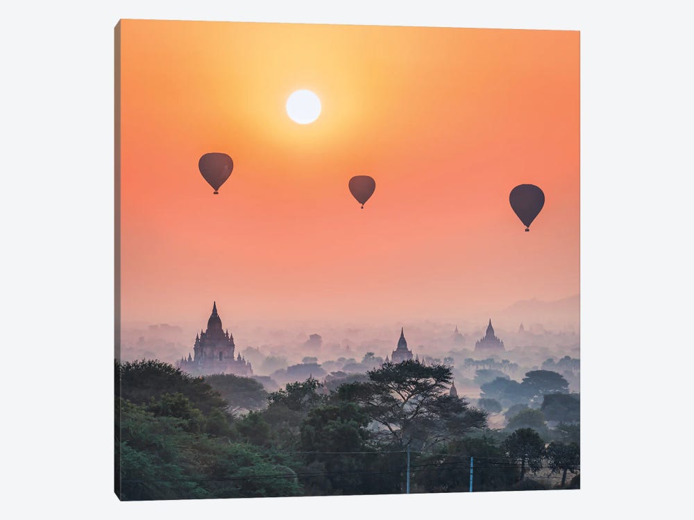 Hot Air Balloons And Old Temples In Bagan, Myanmar by Jan Becke 1-piece Canvas Wall Art