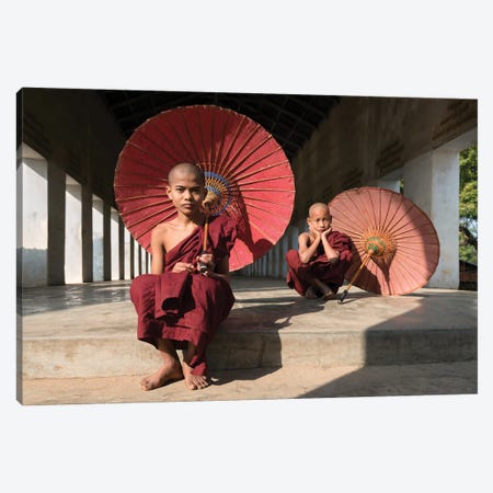 Young Buddhist Monks With Red Umbrellas, Bagan, Myanmar Canvas Print #JNB1167} by Jan Becke Canvas Artwork