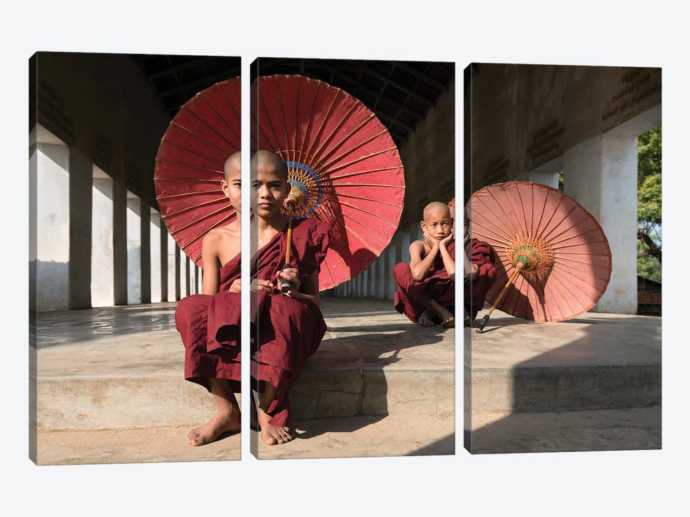 Young Buddhist Monks With Red Umbrellas, Bagan, Myanmar by Jan Becke 3-piece Canvas Art