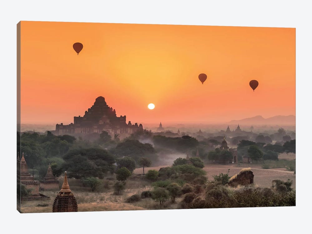 Dhammayangyi Temple And Hot Air Balloons At Sunrise, Bagan, Myanmar by Jan Becke 1-piece Art Print