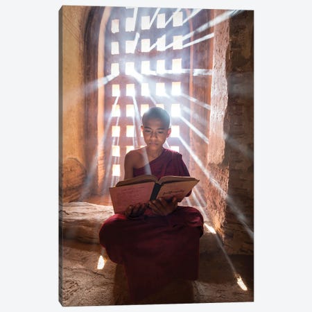 Burmese Novice Monk Reading A Book In A Temple, Bagan, Myanmar Canvas Print #JNB1169} by Jan Becke Art Print