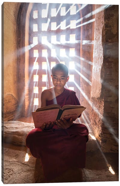 Burmese Novice Monk Reading A Book In A Temple, Bagan, Myanmar Canvas Art Print - Old Bagan