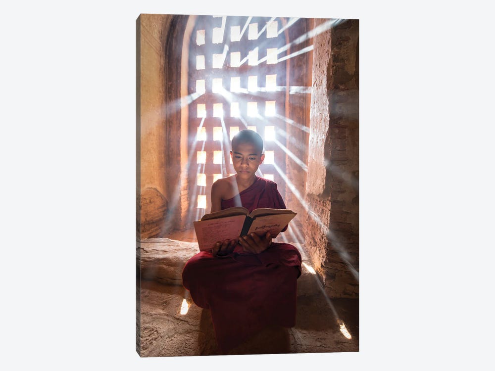 Burmese Novice Monk Reading A Book In A Temple, Bagan, Myanmar by Jan Becke 1-piece Canvas Art