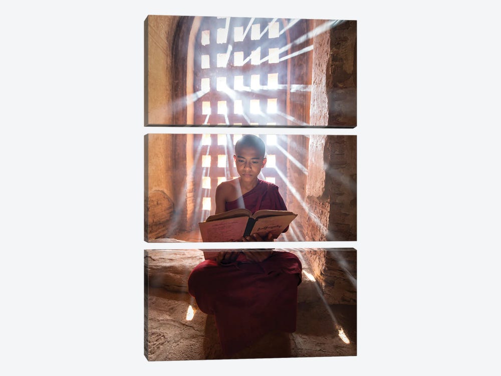 Burmese Novice Monk Reading A Book In A Temple, Bagan, Myanmar by Jan Becke 3-piece Canvas Wall Art