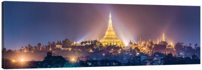 Panoramic View Of The Golden Shwedagon Pagoda In Yangon At Night, Myanmar Canvas Art Print - Southeast Asian Culture