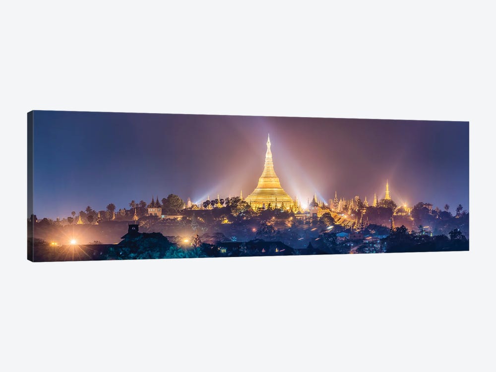 Panoramic View Of The Golden Shwedagon Pagoda In Yangon At Night, Myanmar by Jan Becke 1-piece Canvas Wall Art