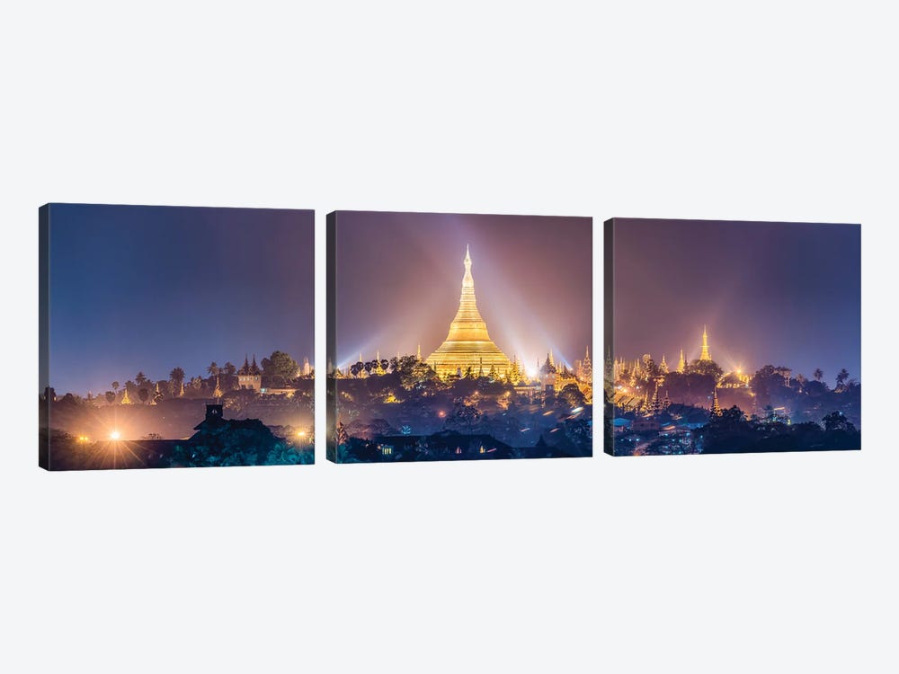 Panoramic View Of The Golden Shwedagon Pagoda In Yangon At Night, Myanmar by Jan Becke 3-piece Canvas Art