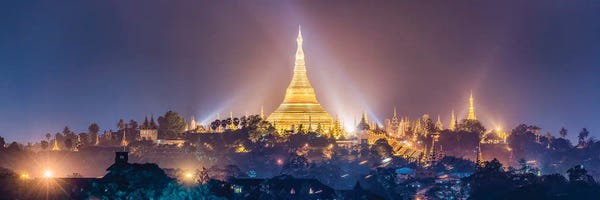 Southeast Asian Culture: Panoramic View Of The Golden Shwedagon Pagoda In Yangon At Night, Myanmar by Jan Becke
