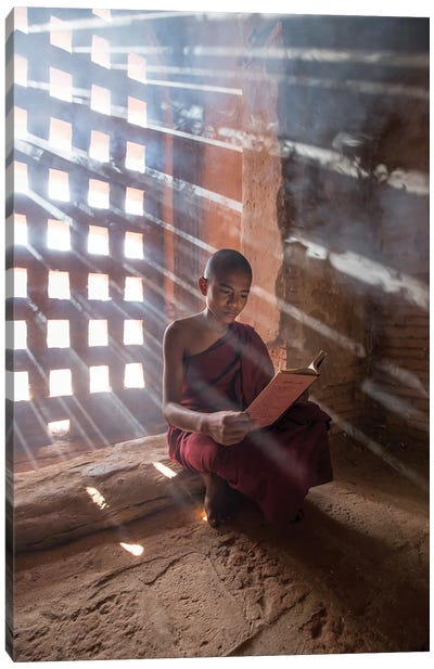 Burmese Monk Reading A Book, Bagan, Myanmar Canvas Art Print - Southeast Asian Culture