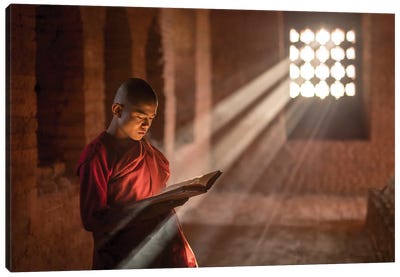 Burmese Monk Reading A Book In A Temple, Bagan, Myanmar Canvas Art Print - Burma (Myanmar)
