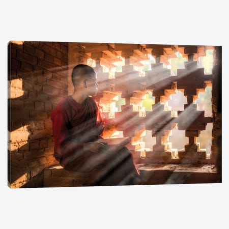 Burmese Monk Looking Out Of A Window At An Old Temple In Bagan, Myanmar Canvas Print #JNB1174} by Jan Becke Canvas Art Print