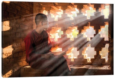 Burmese Monk Looking Out Of A Window At An Old Temple In Bagan, Myanmar Canvas Art Print - Old Bagan