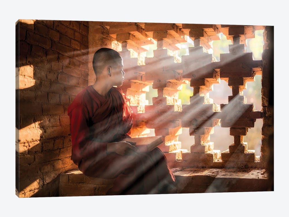 Burmese Monk Looking Out Of A Window At An Old Temple In Bagan, Myanmar by Jan Becke 1-piece Canvas Wall Art
