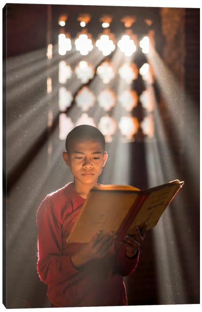 Young Burmese Monk Reading A Book, Bagan, Myanmar Canvas Art Print - Old Bagan