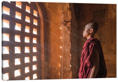 Burmese Monk Looking Out Of A Window At A Temple In Bagan, Myanmar Canvas Art Print - Old Bagan