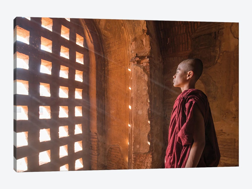 Burmese Monk Looking Out Of A Window At A Temple In Bagan, Myanmar by Jan Becke 1-piece Canvas Wall Art