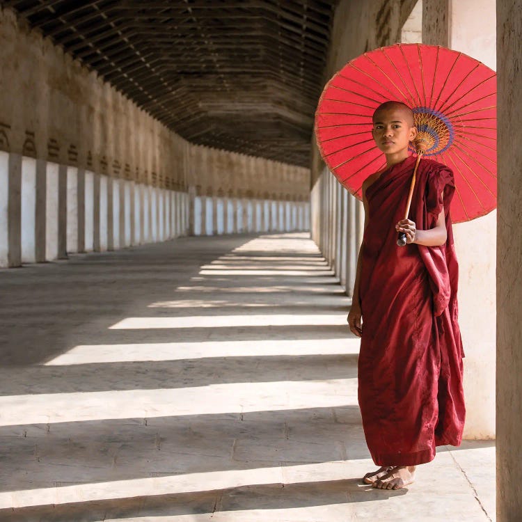 Buddhist Monk With Red Umbrella, Bagan, Myanmar