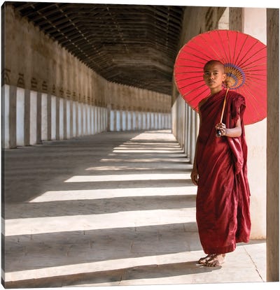 Buddhist Monk With Red Umbrella, Bagan, Myanmar Canvas Art Print - Burma (Myanmar)