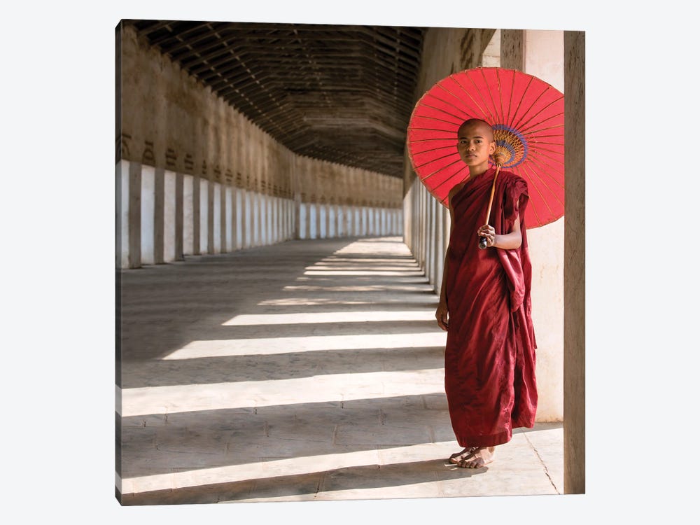 Buddhist Monk With Red Umbrella, Bagan, Myanmar by Jan Becke 1-piece Art Print