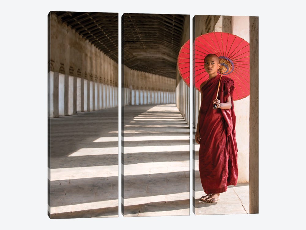 Buddhist Monk With Red Umbrella, Bagan, Myanmar by Jan Becke 3-piece Canvas Art Print