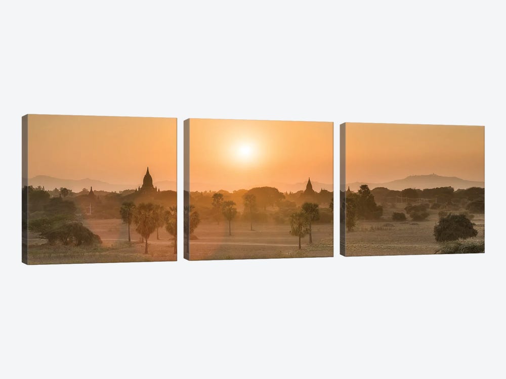 Panoramic View Of Old Bagan At Sunrise, Myanmar by Jan Becke 3-piece Canvas Wall Art