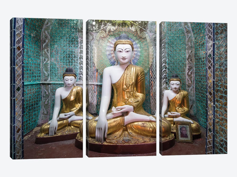Buddha Statues At The Shwedagon Pagoda In Yangon, Myanmar by Jan Becke 3-piece Canvas Print