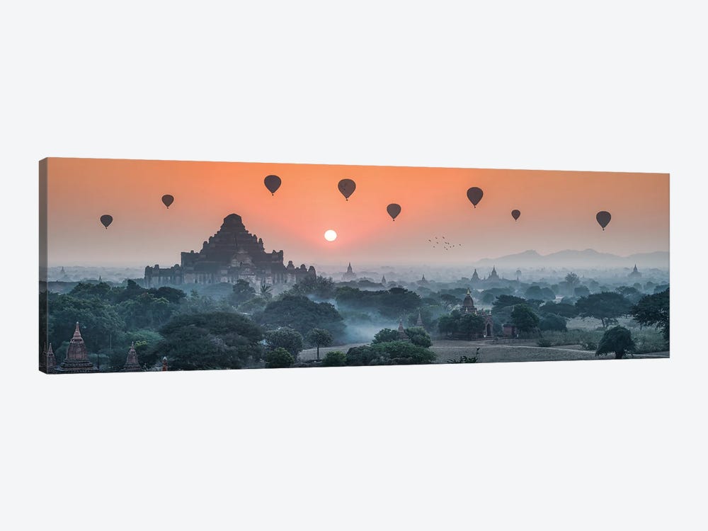 Panoramic View Of Dhammayangyi Temple And Hot Air Balloons At Sunrise, Bagan, Myanmar by Jan Becke 1-piece Art Print