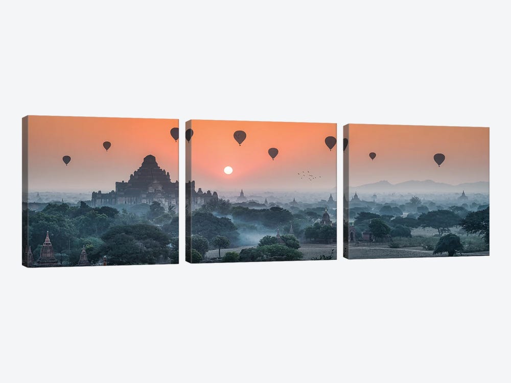 Panoramic View Of Dhammayangyi Temple And Hot Air Balloons At Sunrise, Bagan, Myanmar by Jan Becke 3-piece Canvas Art Print