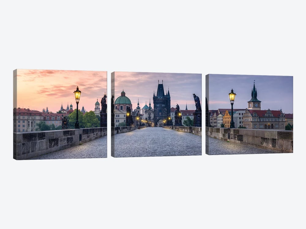 Panoramic View Of The Charles Bridge In Prague, Czech Republic by Jan Becke 3-piece Canvas Print